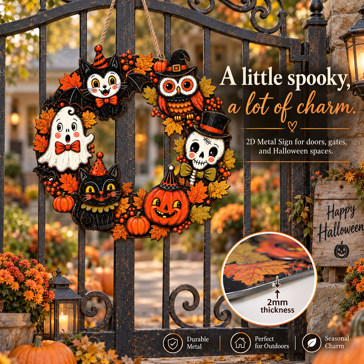 Vintage Halloween Sign, Spooky Metal Wreath Decor, Ghost Cat Owl Pumpkin, Fall Housewarming Gift