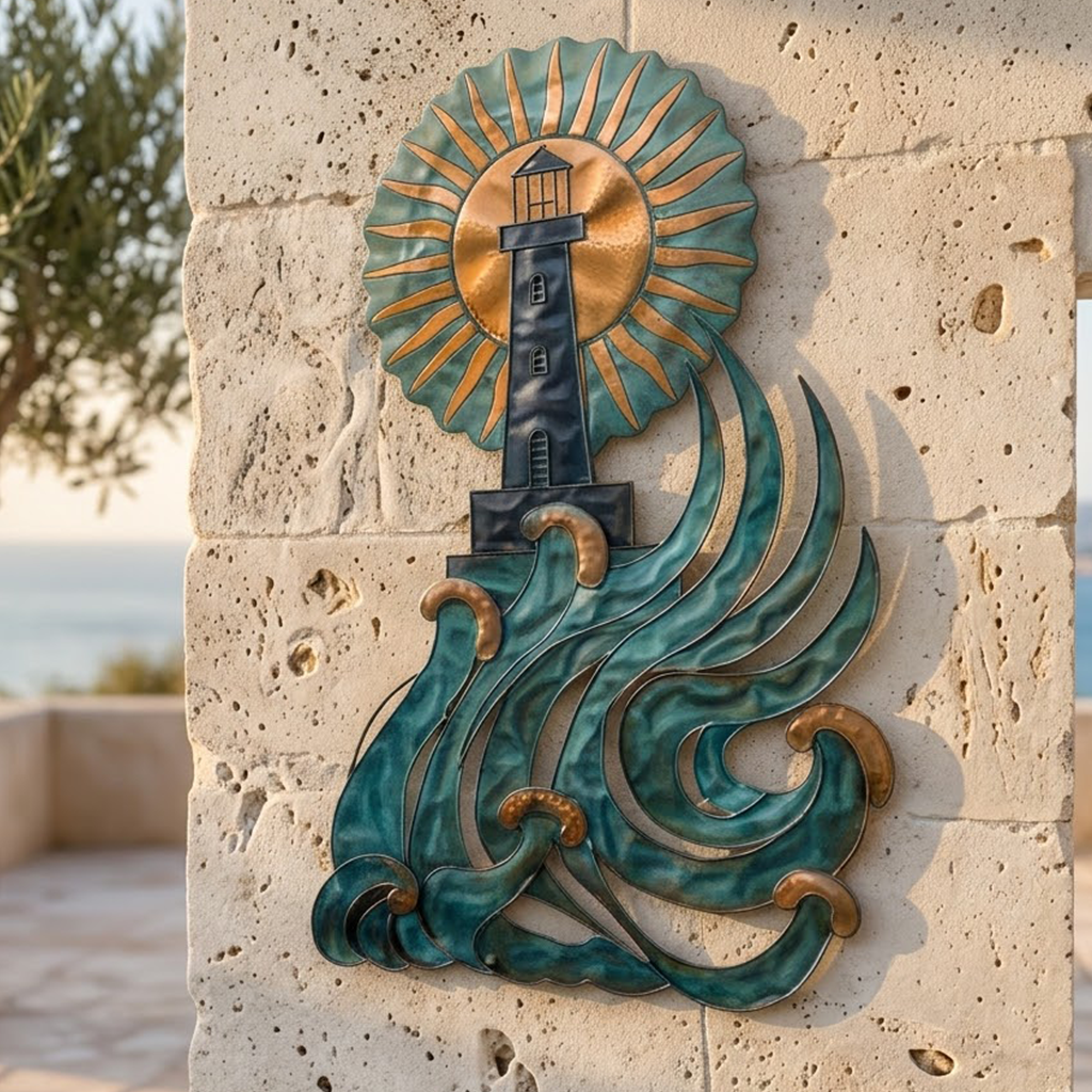 Blue Lighthouse Sunburst Metal Wall Art