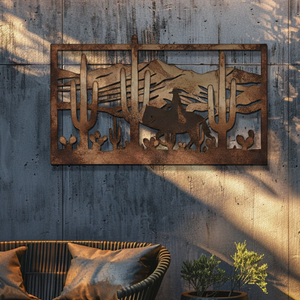 Western Cowboy Metal Wall Art – Desert Cactus Horse Decor Rustic Ranch Outdoor Indoor
