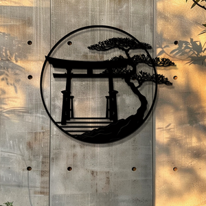 Japanese Torii Gate Metal Wall Art Zen Decor – Minimalist Asian Wall Hanging Bonsai Tree Home Decor