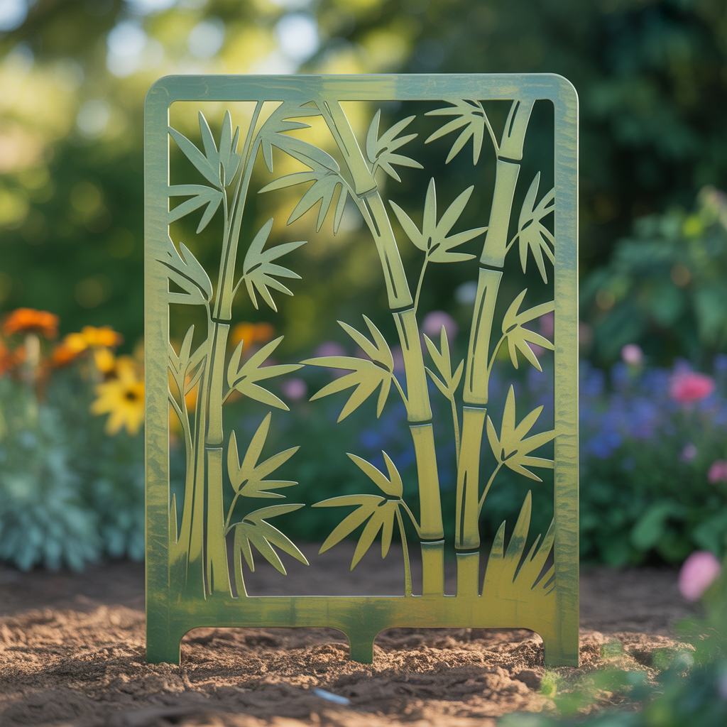 Bamboo Garden Stake Metal Art, Green Outdoor Yard Decor