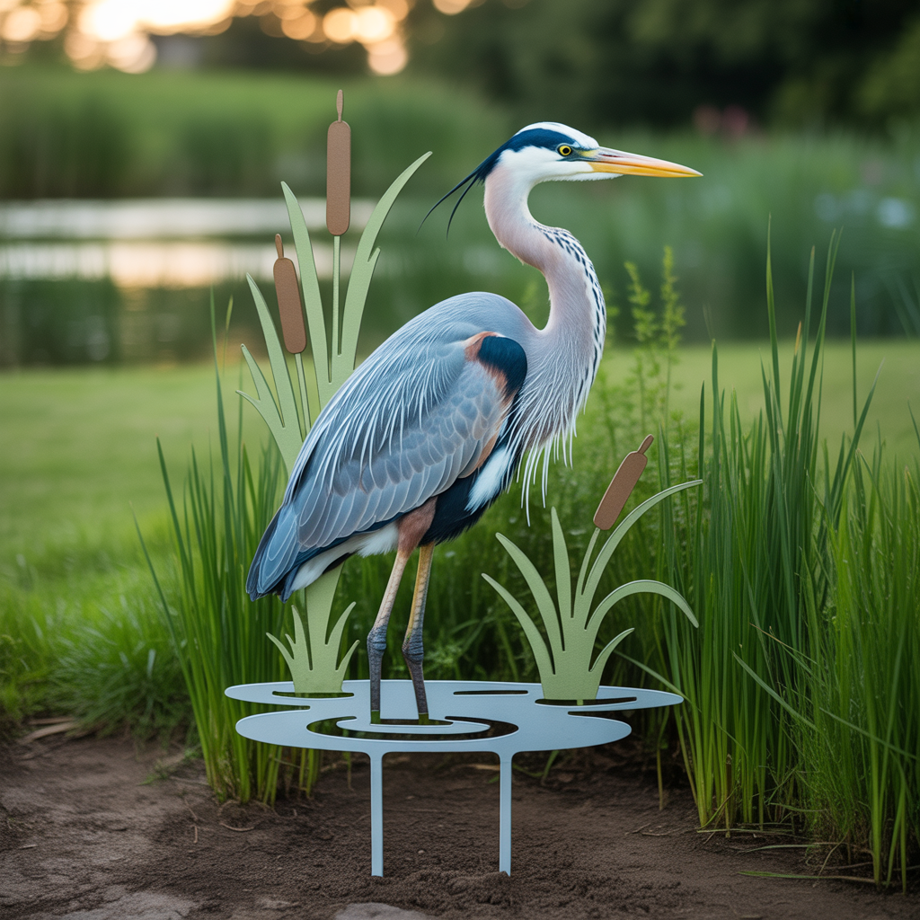 Blue Heron Garden Stake Metal Art, Wetland Bird Outdoor Decor