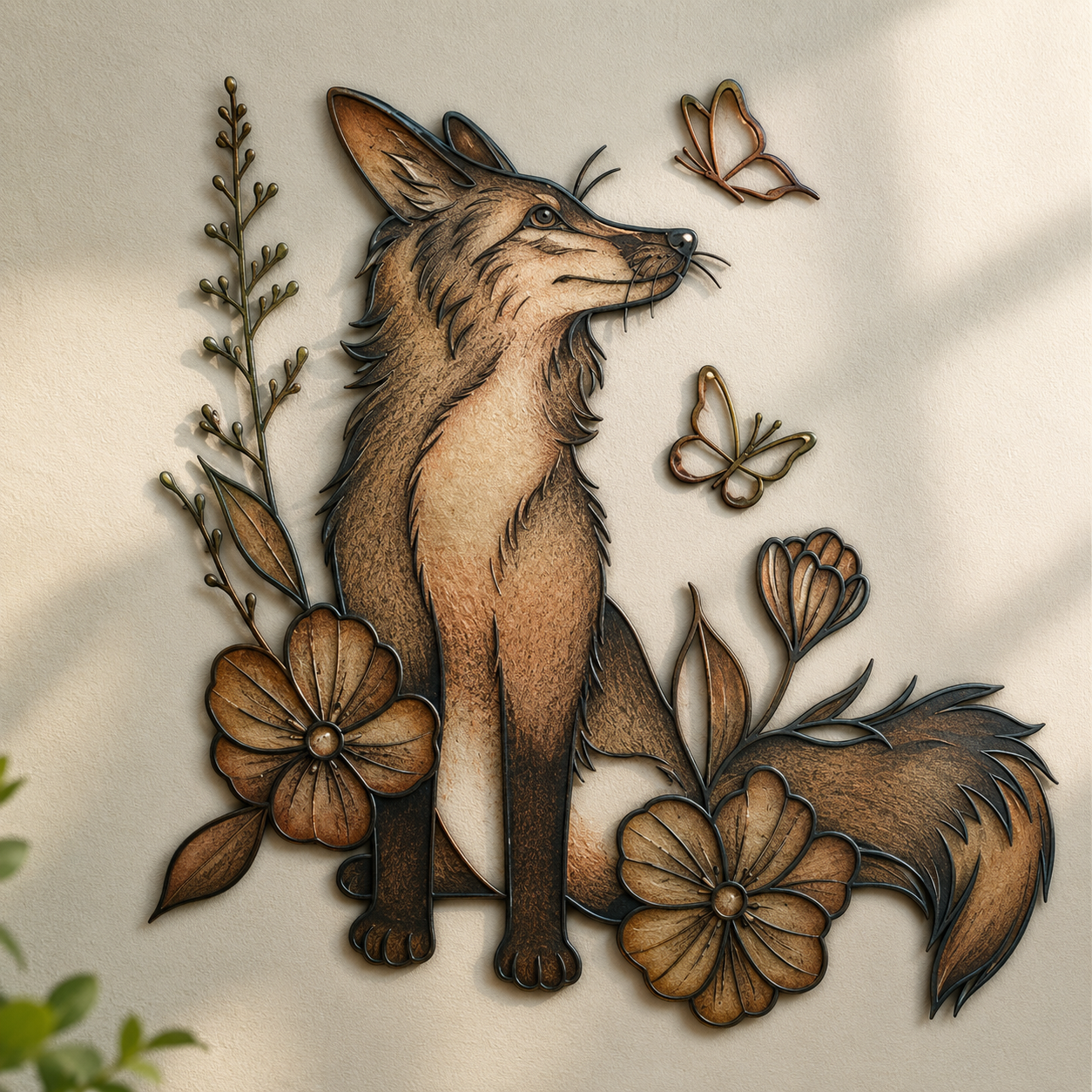 Fox Wildflower Metal Wall Art, Woodland Nature Decor for Patio & Garden