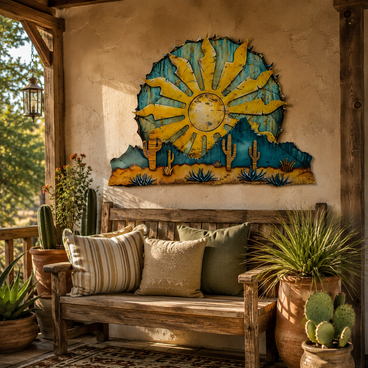 Yellow Blue Southwestern Sunburst Panorama Metal Wall Art, Desert Skyline Decor