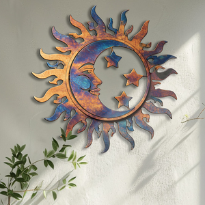 Blue Copper Sun Moon Star Metal Wall Art – UV Printed Decor Boho Indoor Outdoor