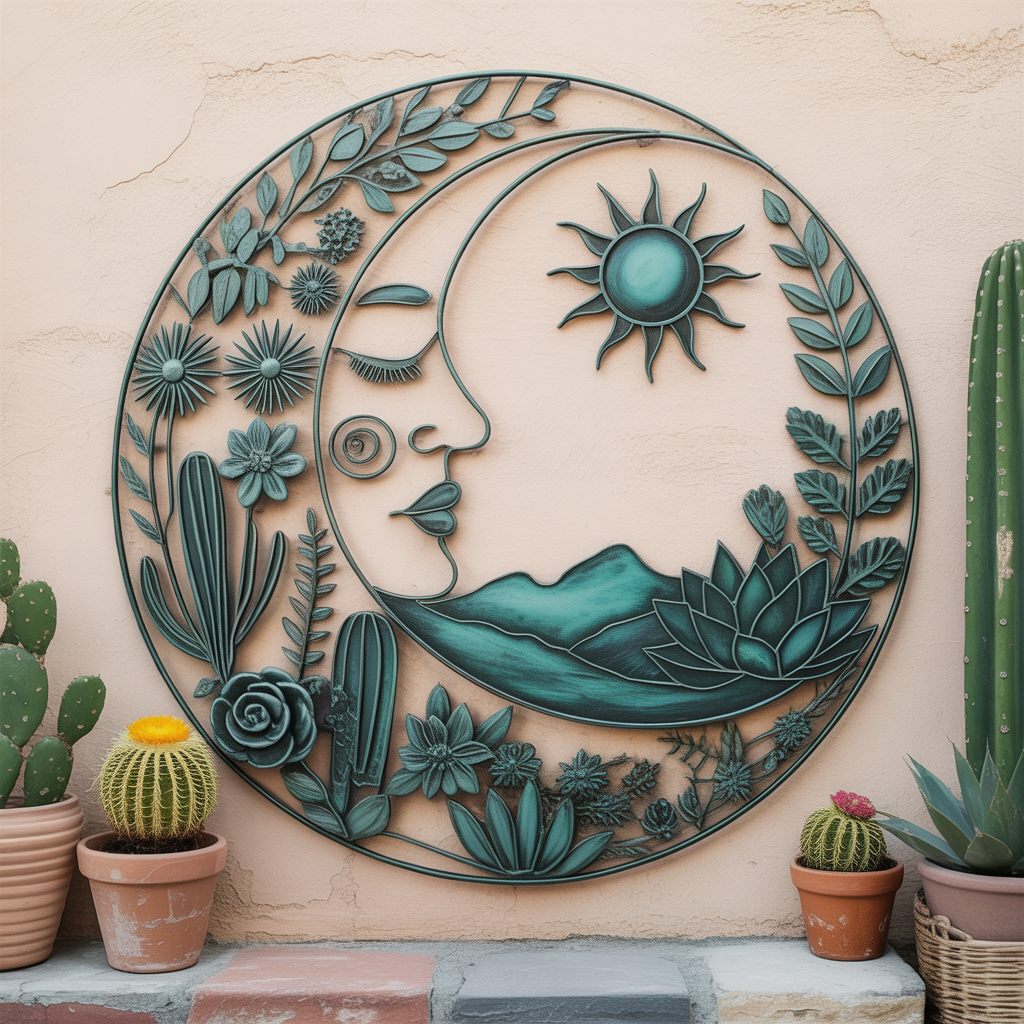 Boho Sun Moon Cactus Metal Wall Art, Southwestern Celestial Decor for Patio