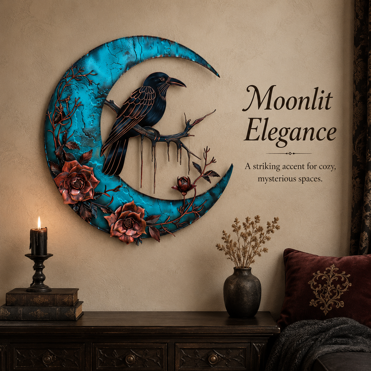 Crescent Moon Raven Winter Rose Metal Wall Art