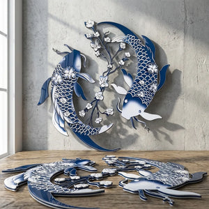 Blue Koi Fish Metal Wall Art – UV Printed Aluminum Japanese Zen Decor Indoor Outdoor