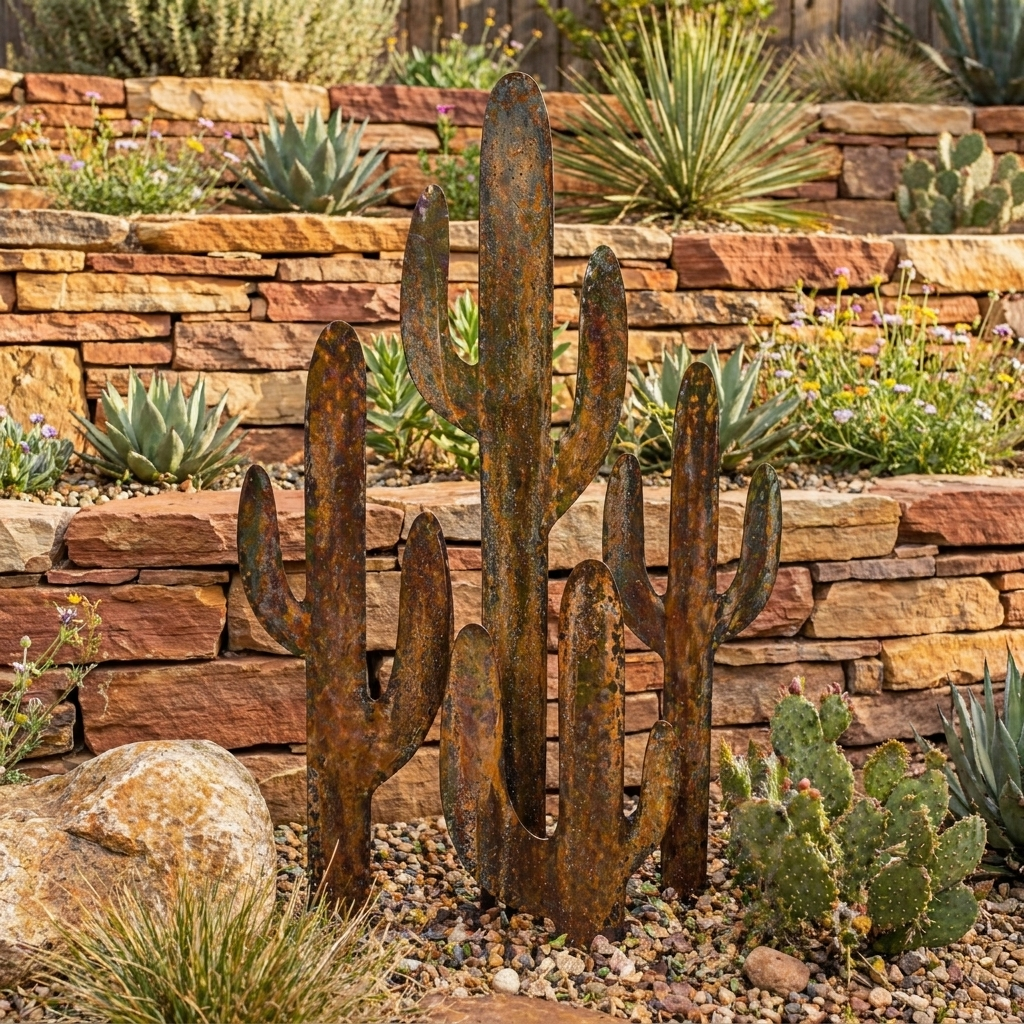 Rustic Saguaro Cactus Metal Wall Art, Southwestern Desert Decor for Patio