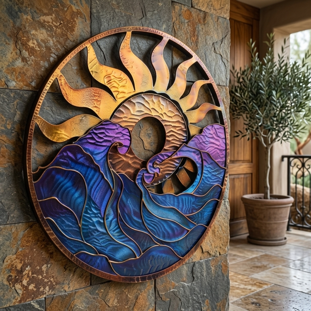 Coastal Sun and Wave Metal Wall Art UV Printed Beach Ocean Decor