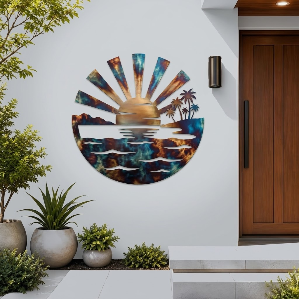 Coastal Sunset Metal Wall Art, Tropical Ocean Sun Metal Sign, Beach House Wall Decor, Palm Tree Patio Decor