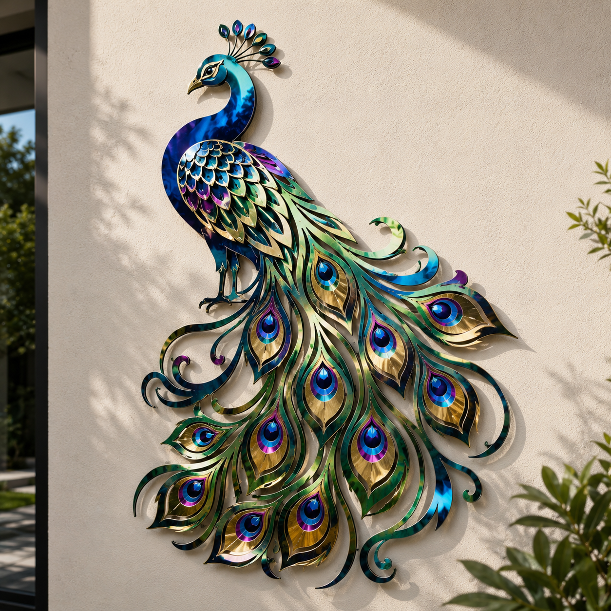 Peacock Metal Wall Art – Colorful Bird Garden Decor, Tropical Outdoor Sign V5
