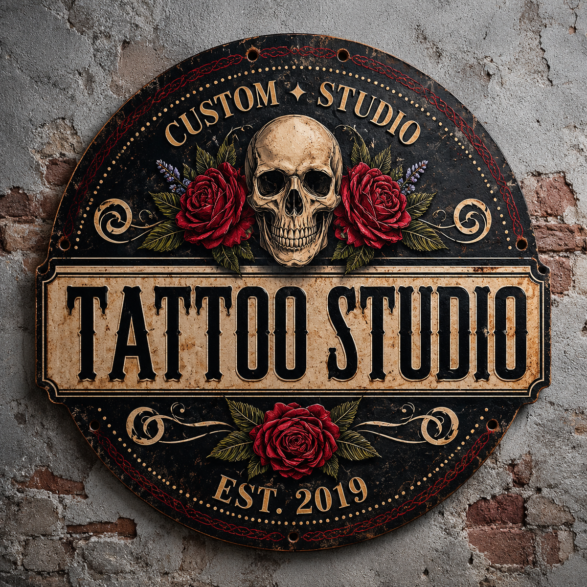Custom Tattoo Studio Metal Sign, Skull Rose Tattoo Wall Art, Tattoo Machine Decor