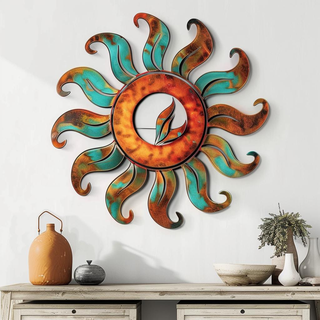 Colorful Sunburst Metal Wall Art Boho Abstract Sculpture Indoor Outdoor Decor Vibrant Sun Wall Hanging Patio Garden Large Statement Piece