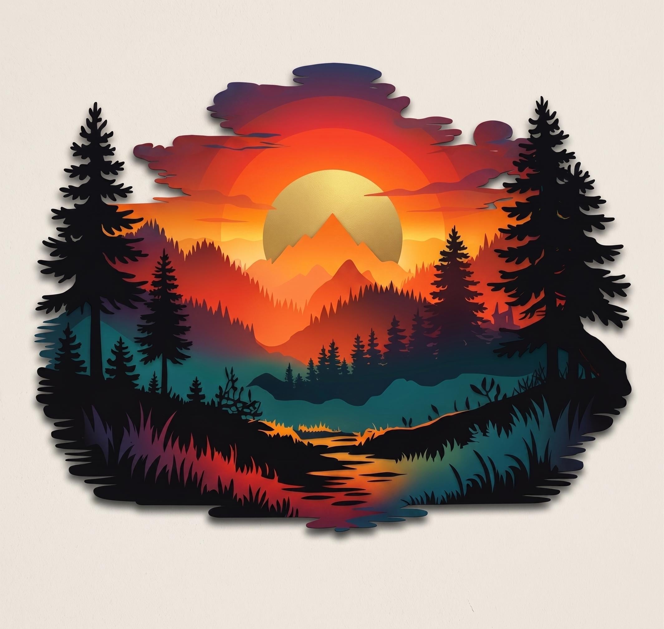 Mountain Sunset Metal Wall Art, Pine Tree Forest Sign, Nature Landscape Wall Decor, Rustic Cabin, Outdoor or Indoor Home Sign