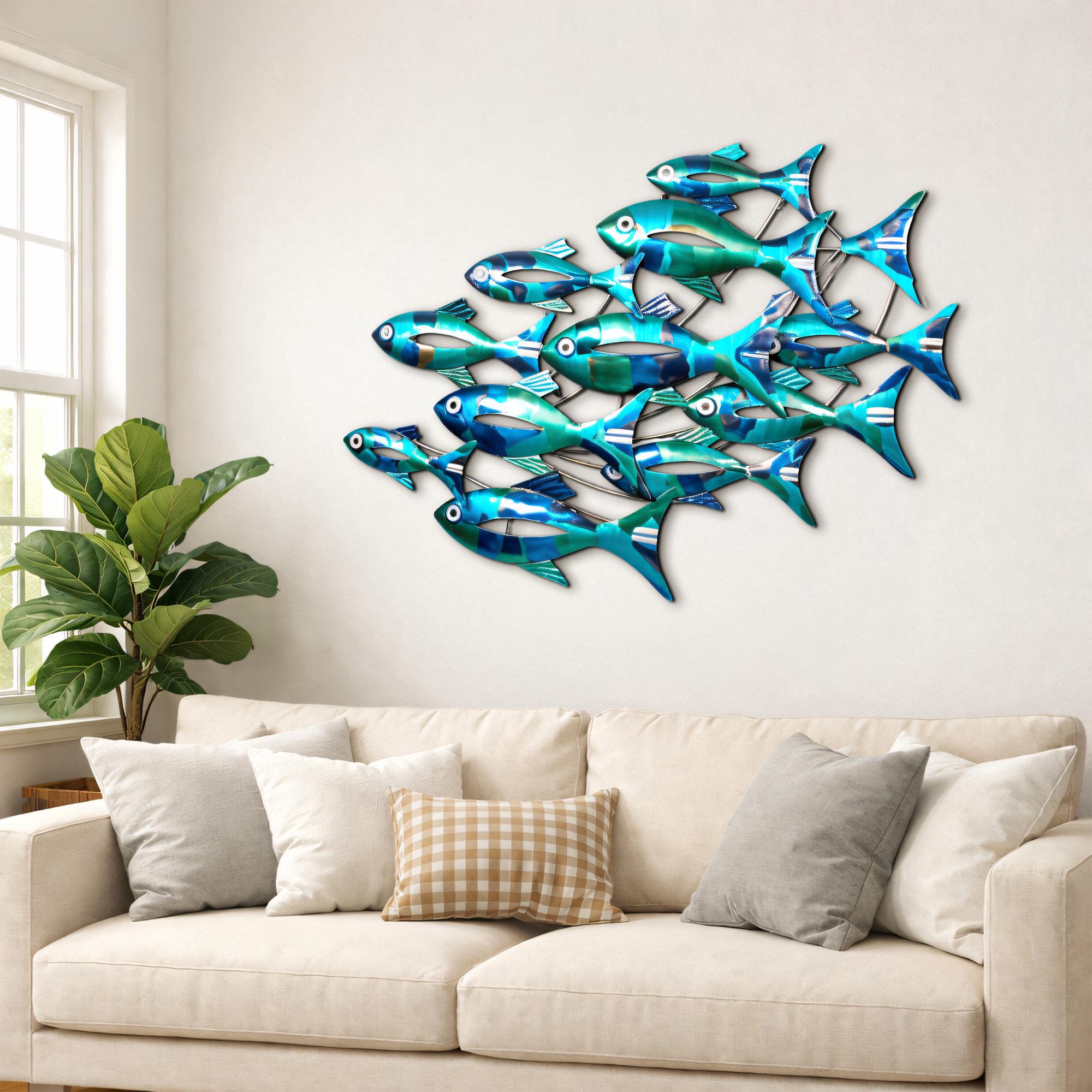 School of Fish Metal Wall Art, Colorful Swimming Fish Sculpture, Teal & Gold Wall Decor, Tropical or Coastal Theme, Outdoor Indoor Accent