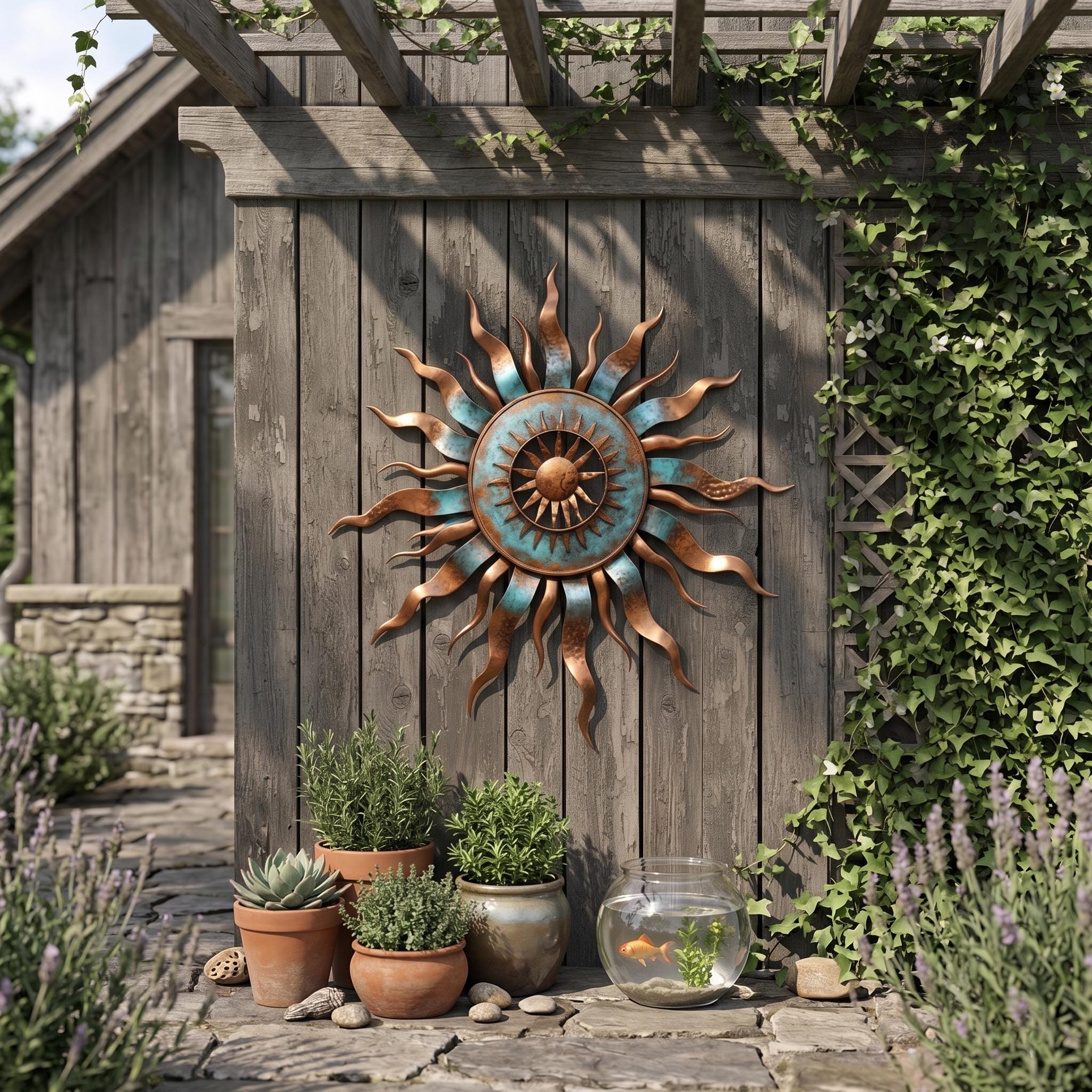 Metal Sun Wall Art – Heat Colored Sunrise, Unique Modern Home Decor, Rustic Iron Sun Sculpture for Living Room, Garden, or Outdoor Wall Art