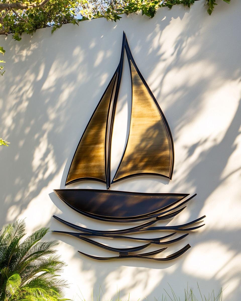 Sea Scenery Metal Wall Art Sailboat Sunrise Decor Coastal Garden Sign Heat Colored Nautical Outdoor Wall Hanging Beach House Gift