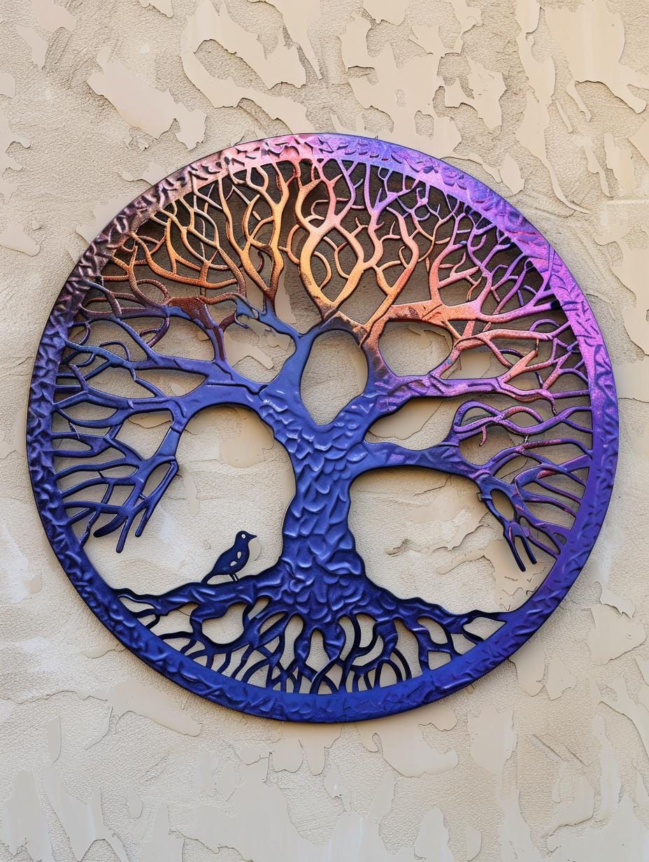 Tree of Life Metal Wall Art Heat Colored Outdoor Garden Decor Titanium Metal Sign Spiritual Wall Hanging Handmade Patio Yard Decor Gift