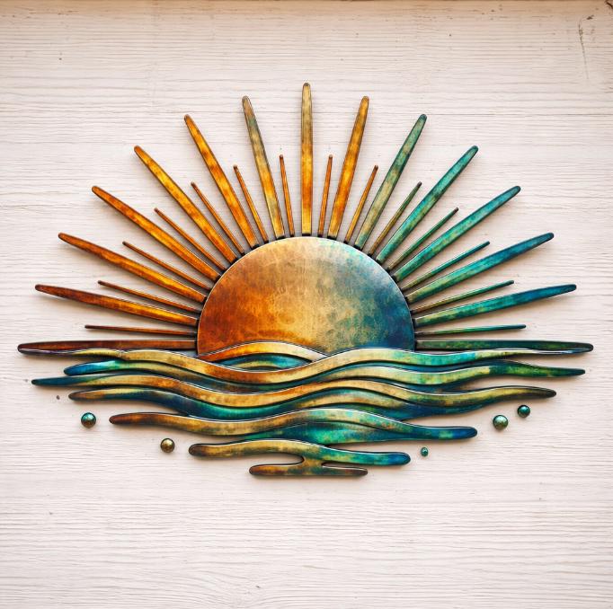 Heat Colored Metal Sunrise Wall Decor, Handmade Garden Art, Rustic Sun Sculpture, Outdoor Patio Wall Hanging, Unique Metal Wall Art
