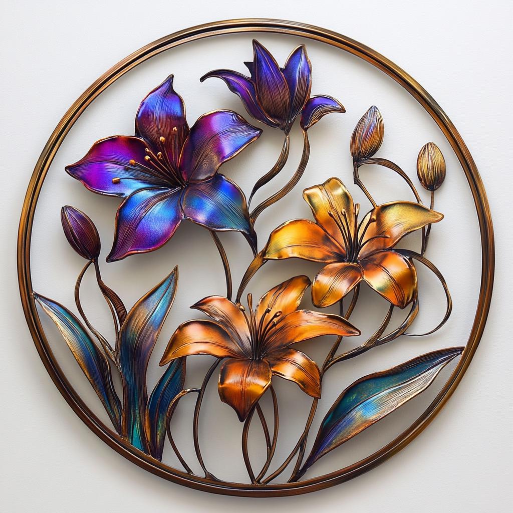 Metal Lily Wall Art Vibrant 2D Floral Circle Decor Iridescent Metal Sign for Home & Garden Colorful Flower Sculpture for Courtyard and Yard