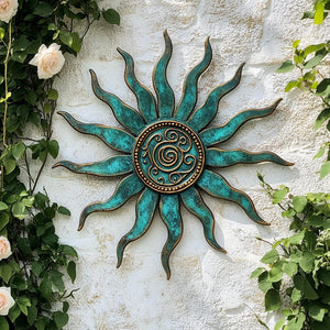 Turquoise Sun Metal Wall Art – Rustic Celestial Boho Garden Decor Sign UV printed on aluminum