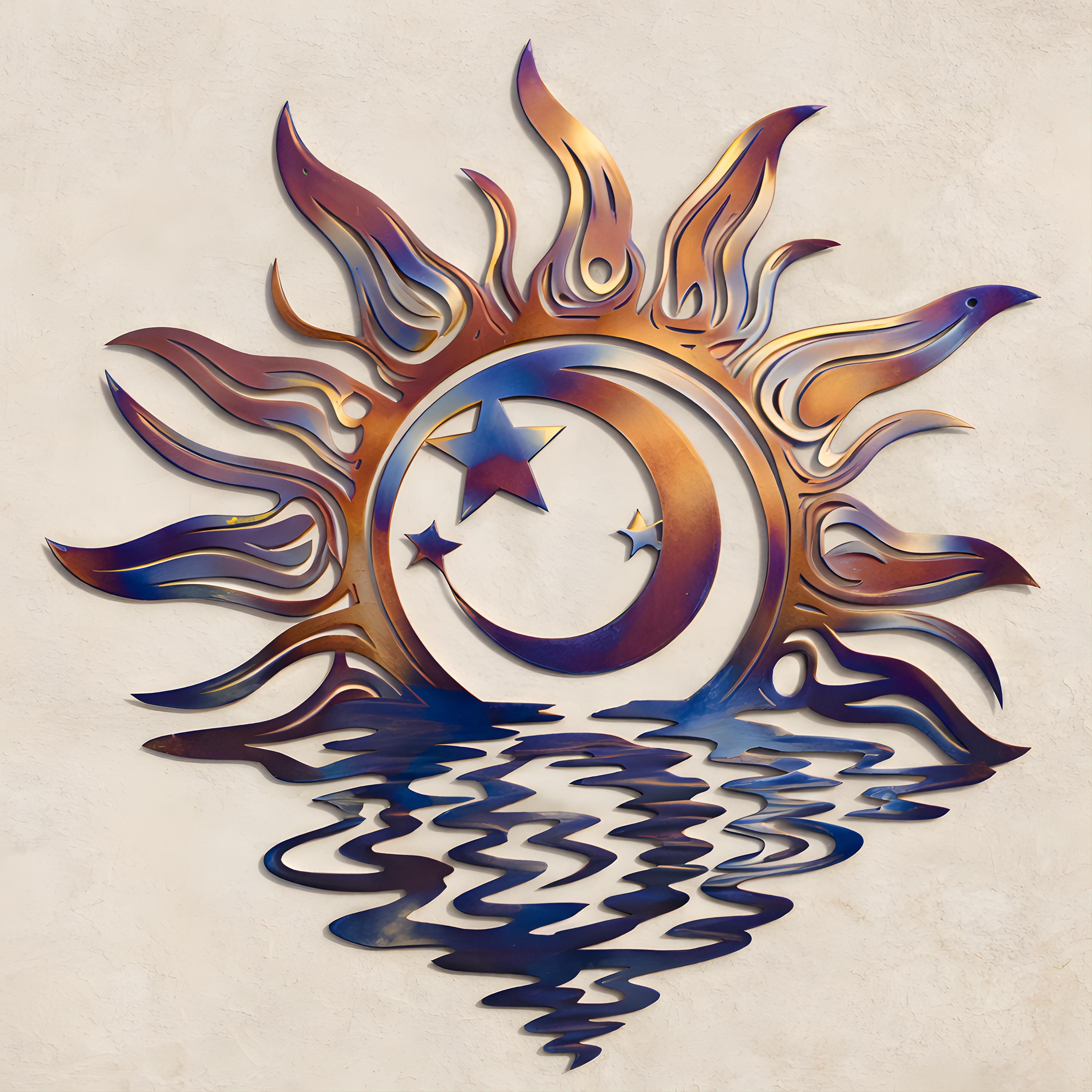 Celestial Sun Moon Metal Wall Art, Heat Colored Sunrise Wall Decor Iridescent Outdoor Garden Sign, Patio Fence Hanging, Boho Yard Decor Gift