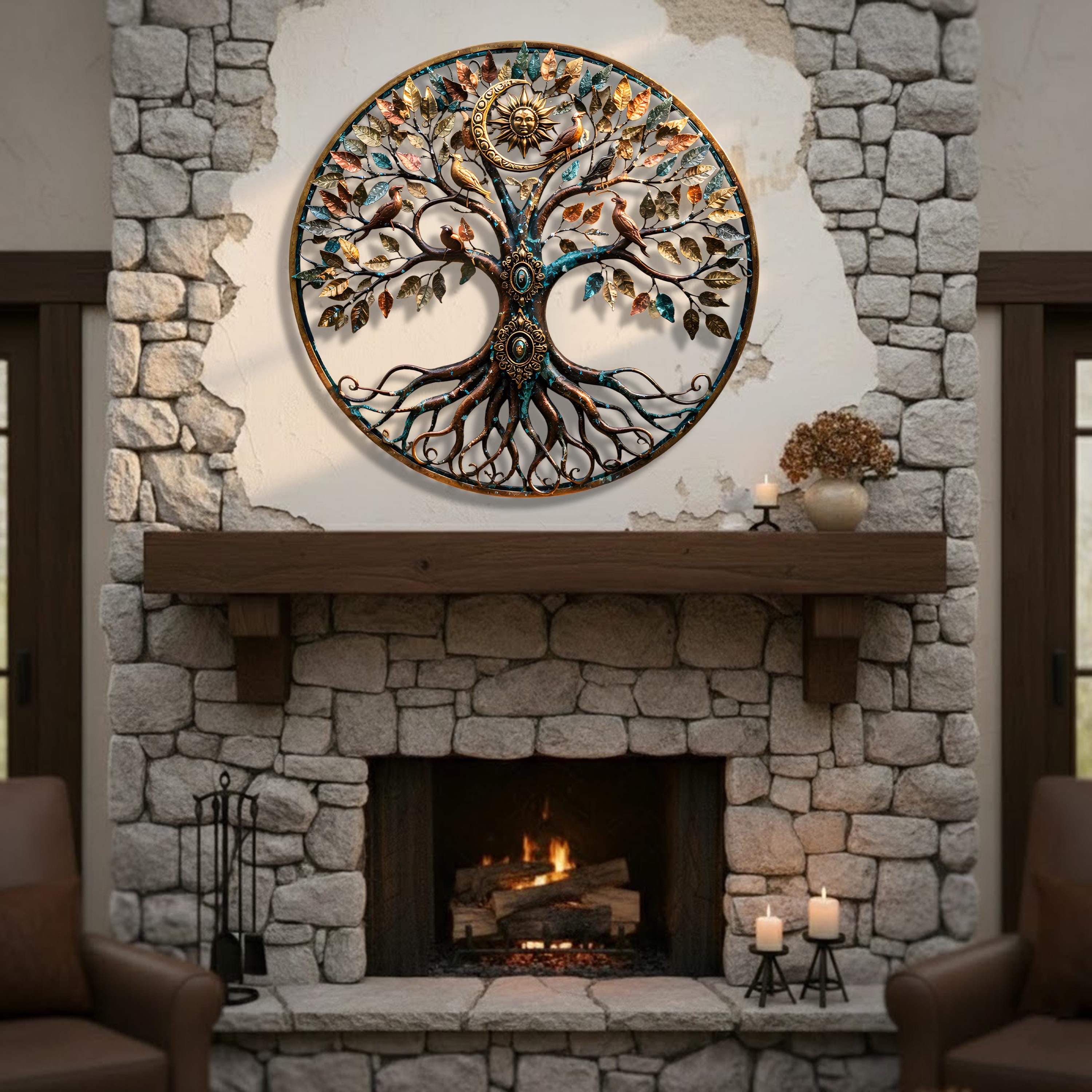 Handcrafted Tree of Life Metal Wall Art with Birds, Sun & Moon Design for Living Room, Garden, and Outdoor Decor