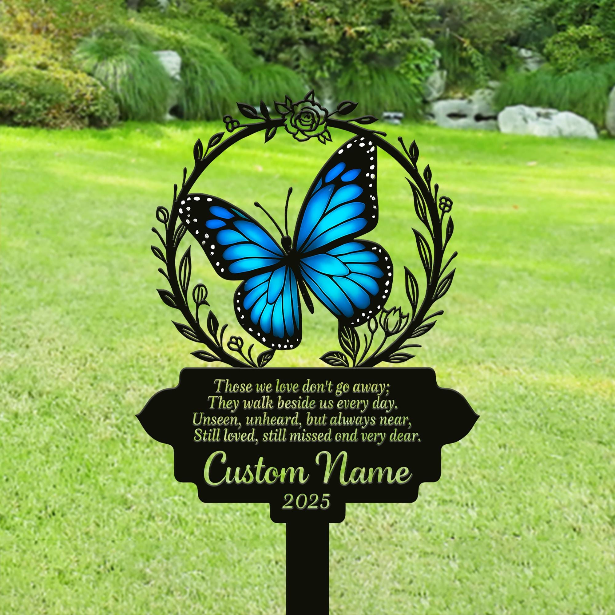 Personalized Butterfly Memorial Garden Sign, Custom In Loving Memory Metal Stake, Blue Butterfly Sympathy Plaque, Remembrance Gift Decor, Metal Sign