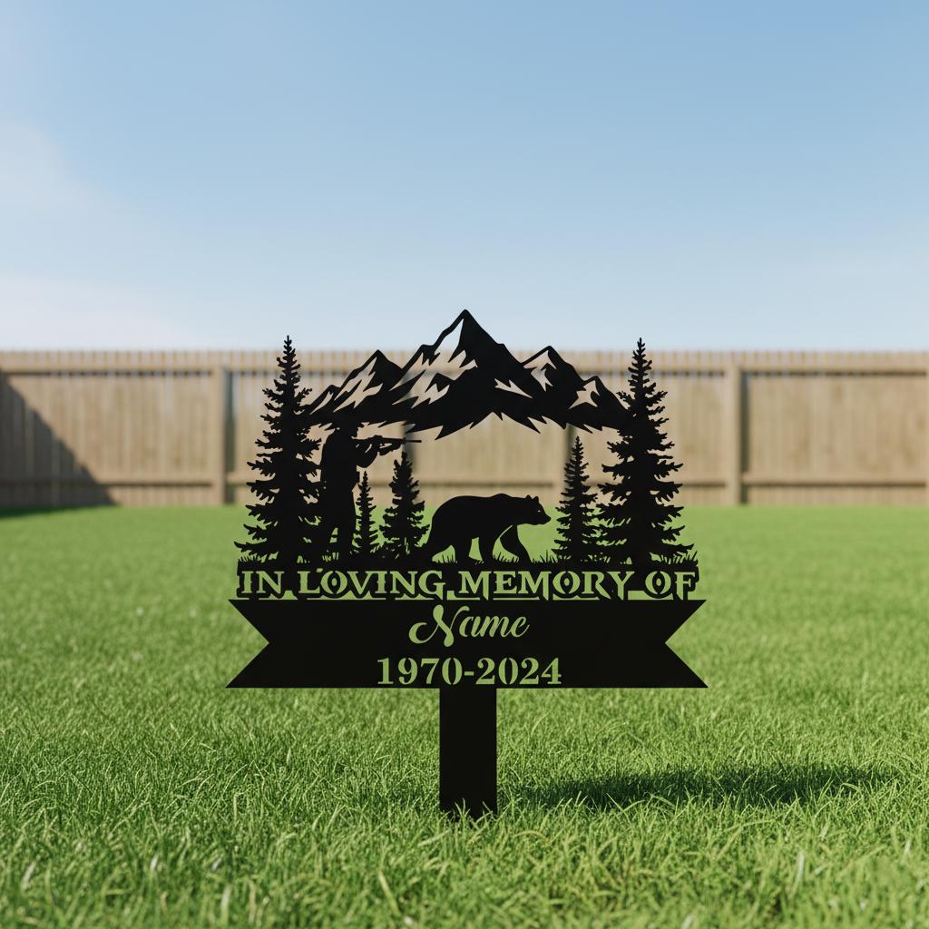 Personalized Hunter Memorial Garden Sign, Custom Bear Mountain Metal Stake, In Loving Memory Plaque, Sympathy Gift for Outdoor Loved One, Metal Sign