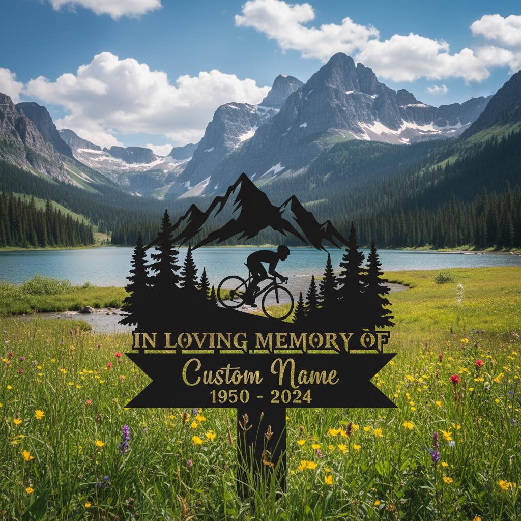 Personalized Cycling Memorial Garden Sign, Custom Mountain Bike Metal Stake, In Loving Memory Plaque, Sympathy Gift for Cyclist Loved One, Metal Sign