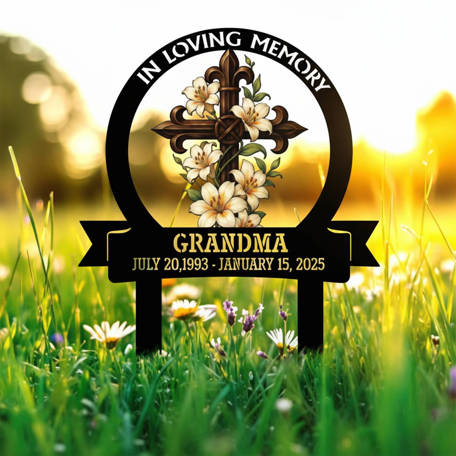 Personalized Memorial Garden Sign, Custom Cross Lily Metal Stake, In Loving Memory Plaque, Sympathy Gift, Graveside Remembrance Decor Gift, Metal Sign