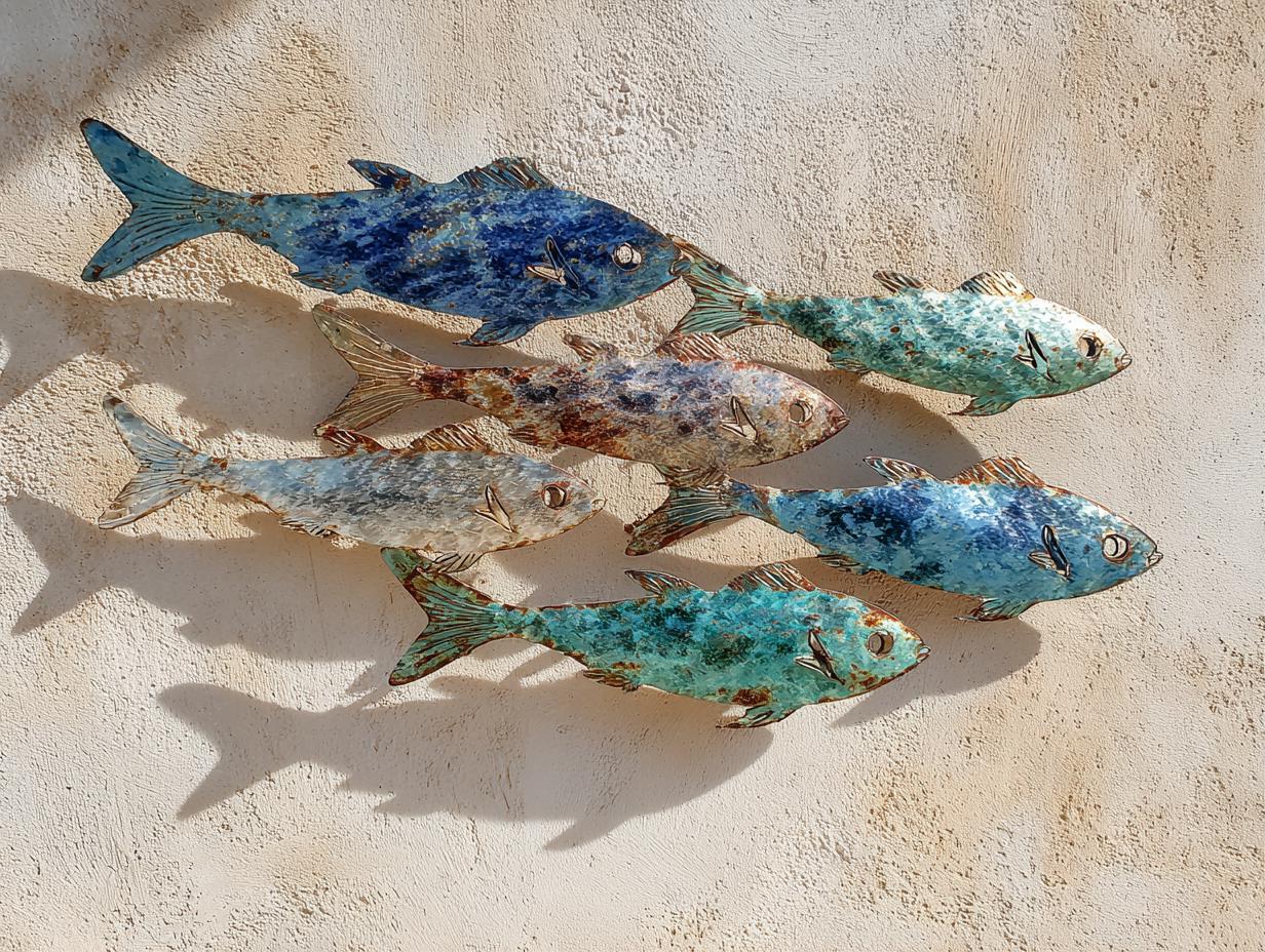School Fish Metal Wall Art Coastal Ocean Decor Nautical Sign Beach Lake Outdoor Home