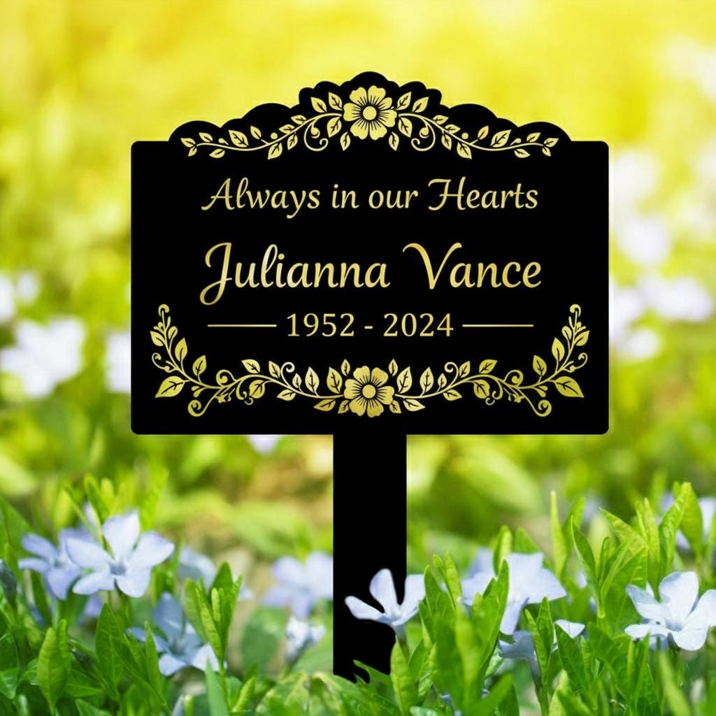 Personalized Memorial Garden Stake, Always in Our Hearts Metal Sign, Custom Name Dates Grave Marker, Floral Sympathy Gift, Metal Sign
