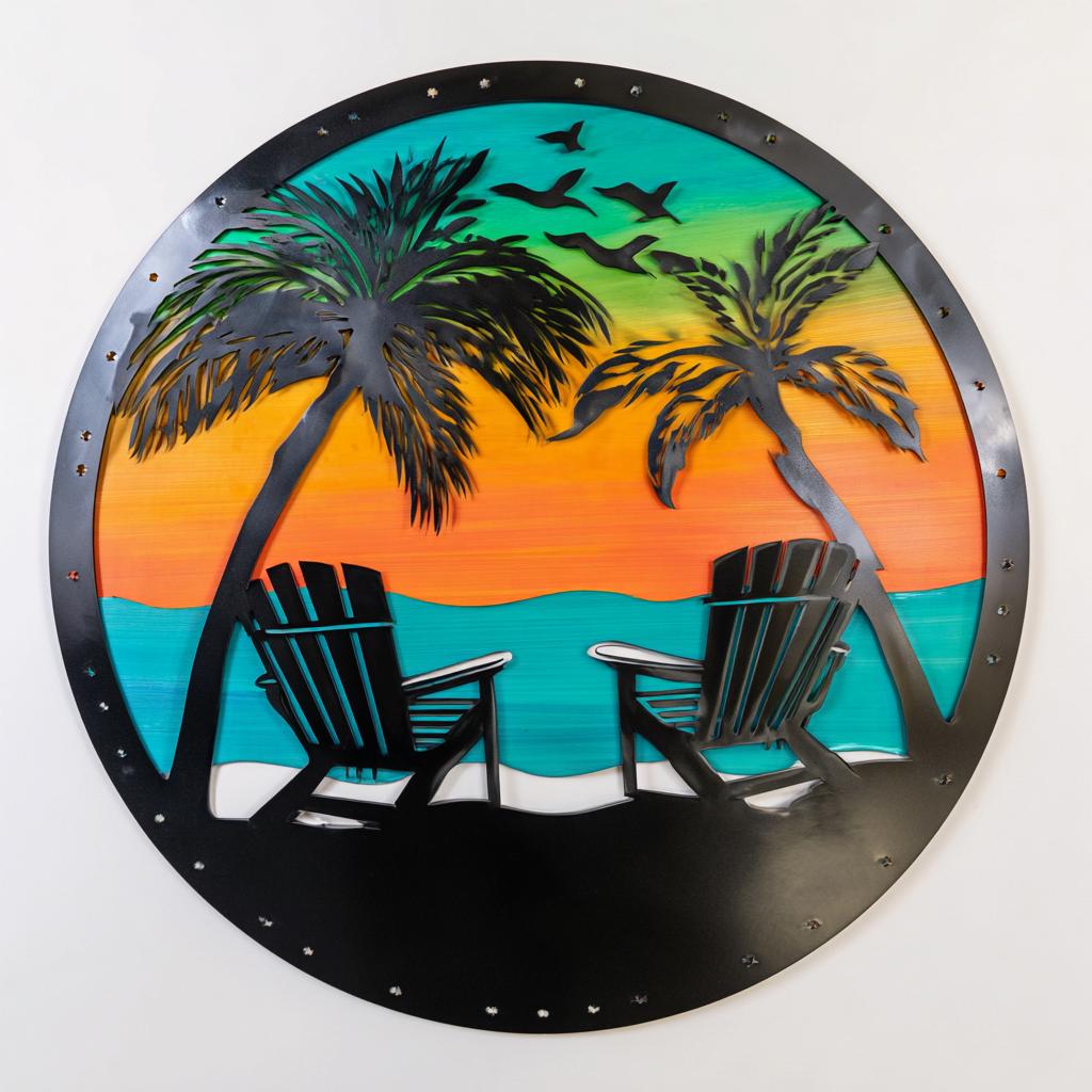 Tropical Beach Metal Wall Art: Coastal Sunset, Palm Trees, Adirondack Chairs Sign