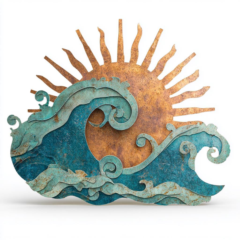 Ocean Wave and Sun Metal Wall Art - Beach House Patio Decor