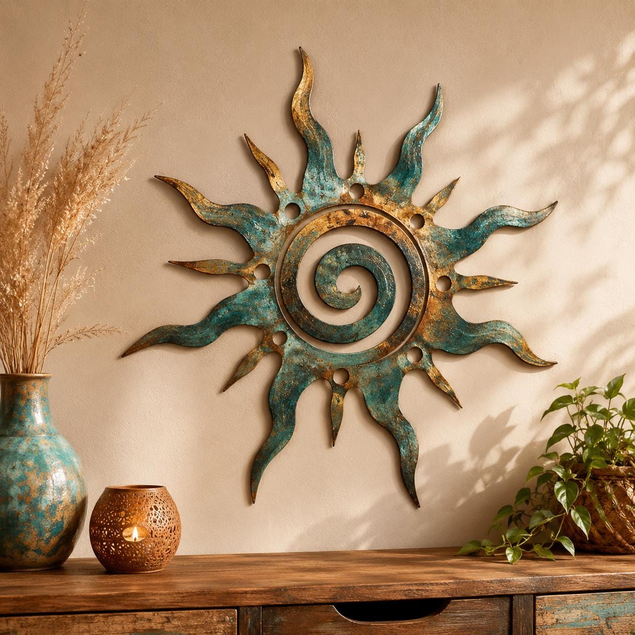 Celestial Sun Metal Wall Art - Turquoise Gold Boho Decor