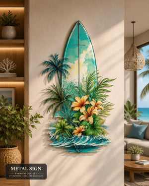 Surfboard-shaped metal wall art with tropical palm tree and ocean scene printed on aluminum for beach house decor
