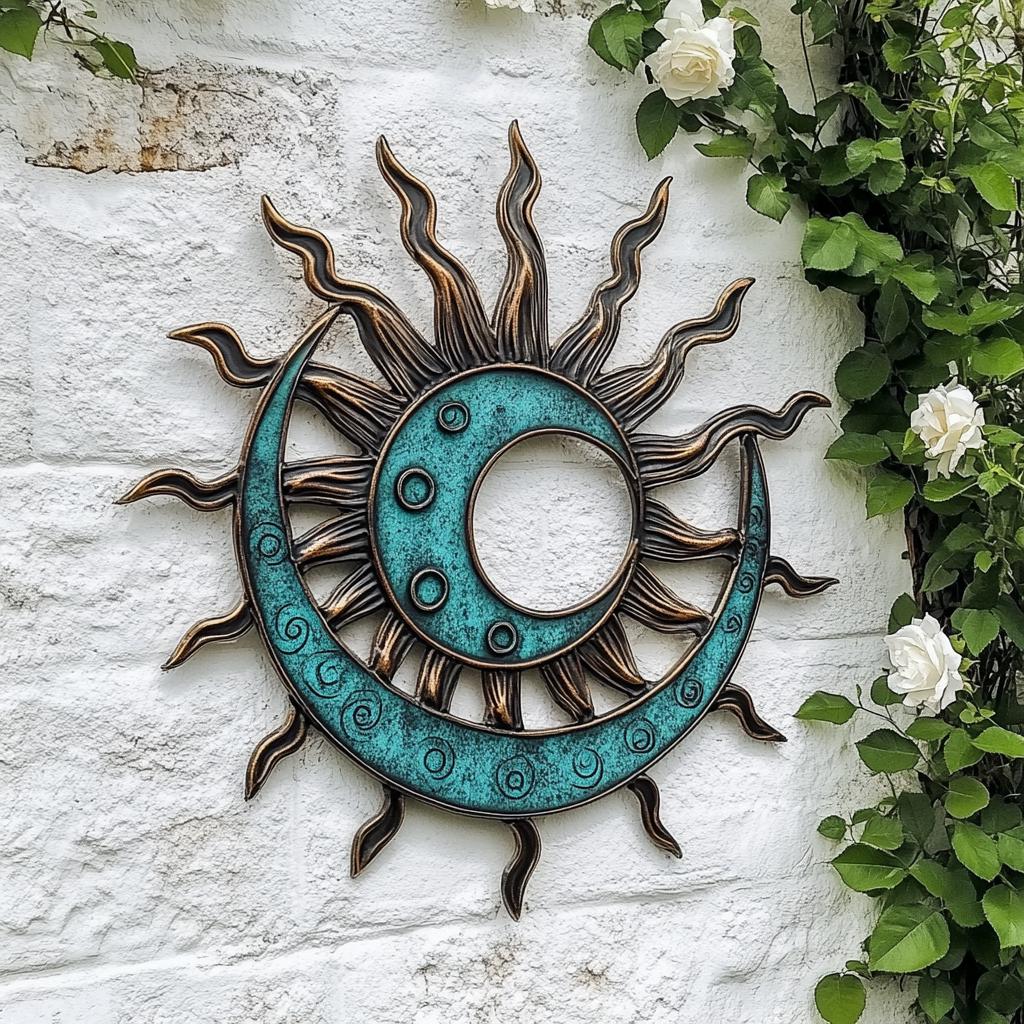 Turquoise Sun Metal Wall Art – Rustic Celestial Boho Garden Decor Sign