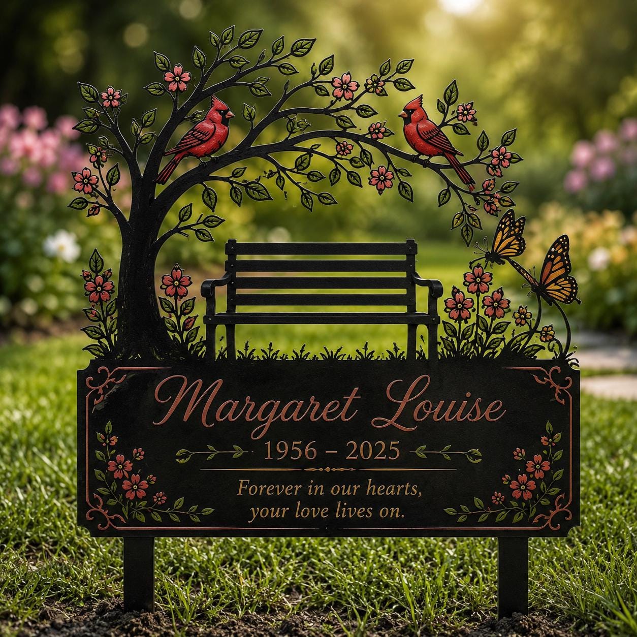 Personalized Memorial Garden Sign, Cardinal Bench Metal Stake, Custom In Memory Plaque, Remembrance Gift, Sympathy Yard Decor for Loved One, Metal Sign