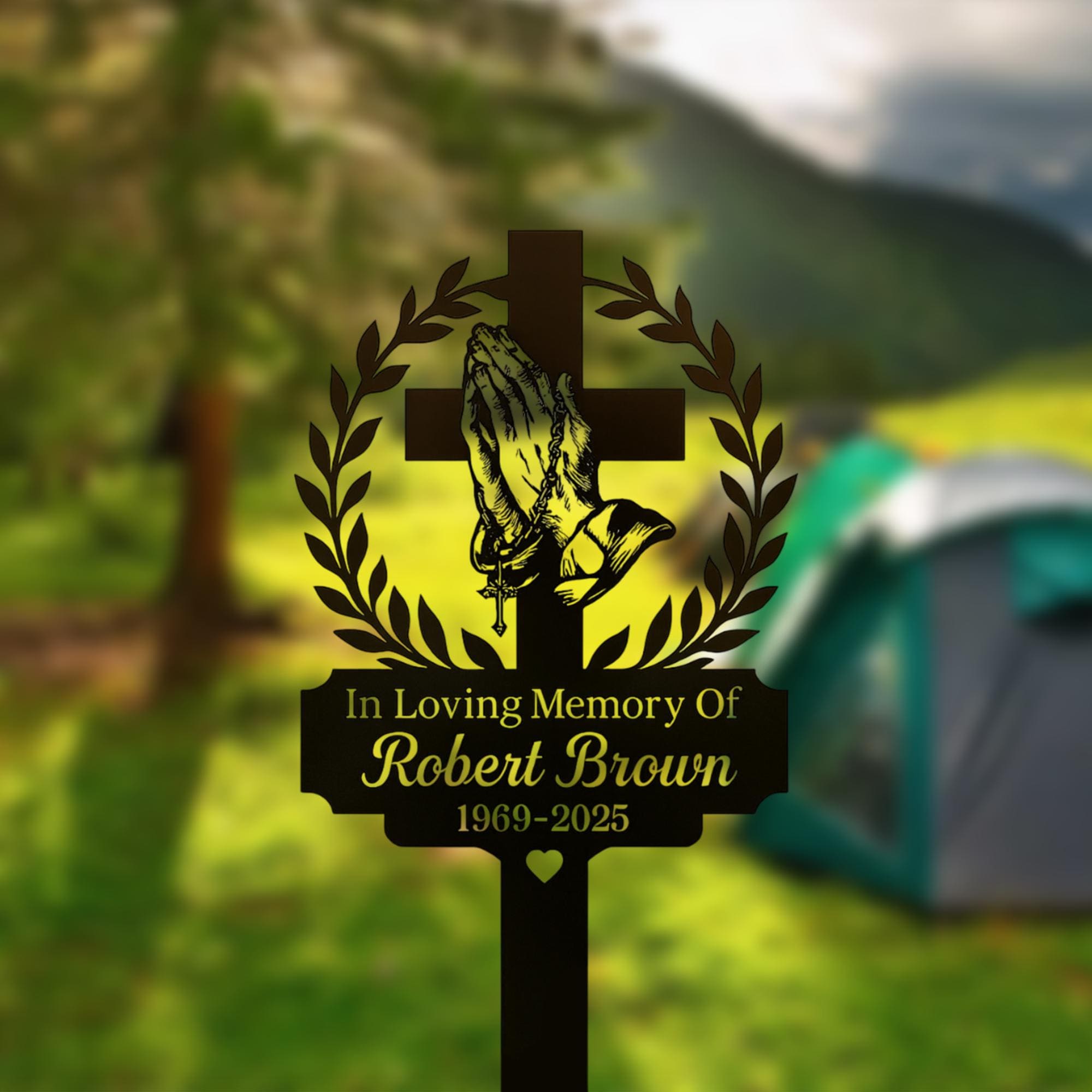 Personalized Praying Hands Memorial Cross Sign, Custom In Loving Memory Metal Stake, Christian Garden Plaque, Sympathy Gift for Loved One, Metal Sign