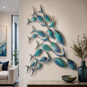 School of fish metal wall art with flowing marine movement and ocean colors printed on aluminum for coastal decor