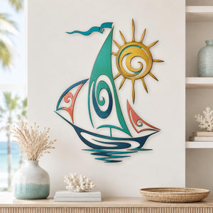 Sailboat metal wall art with blue ocean waves and sailing ship design printed on aluminum for coastal decor