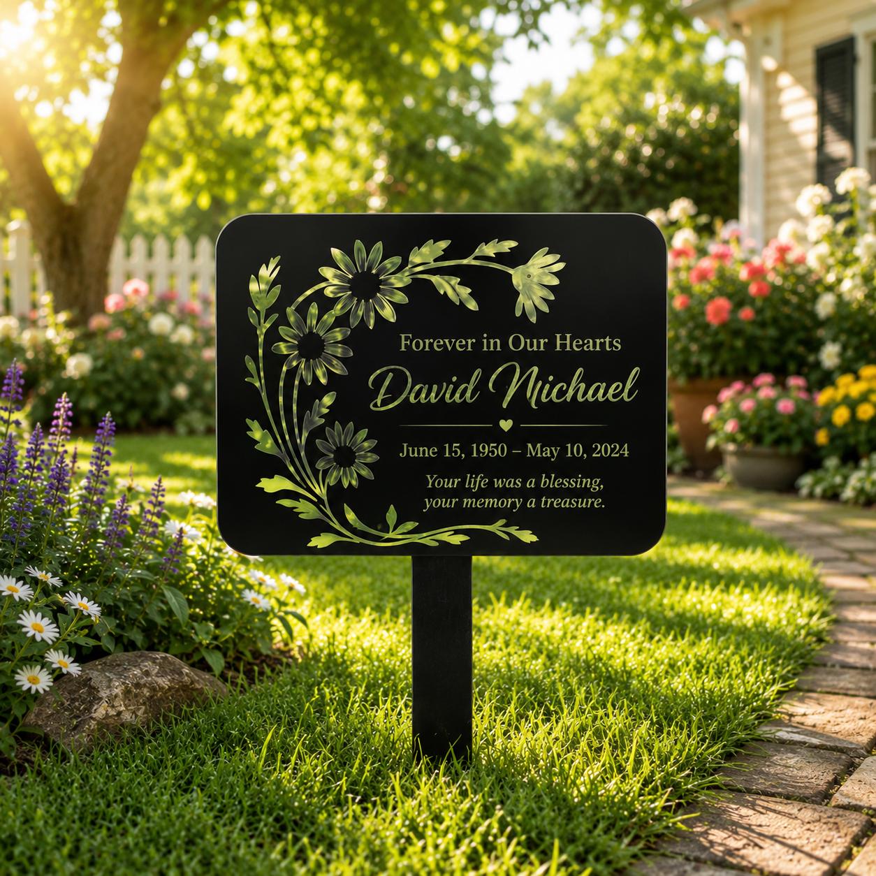 Personalized Memorial Garden Sign Custom Floral Metal Stake In Loving Memory Plaque, Sympathy Gift Graveside Remembrance Decor for Loved One, Metal Sign
