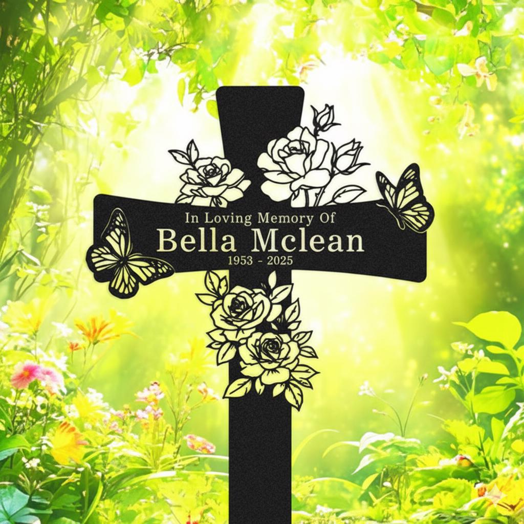 Personalized Rose Memorial Cross Sign, Custom Butterfly In Loving Memory Metal Stake, Floral Sympathy Plaque, Graveside Remembrance Gift, Metal Sign