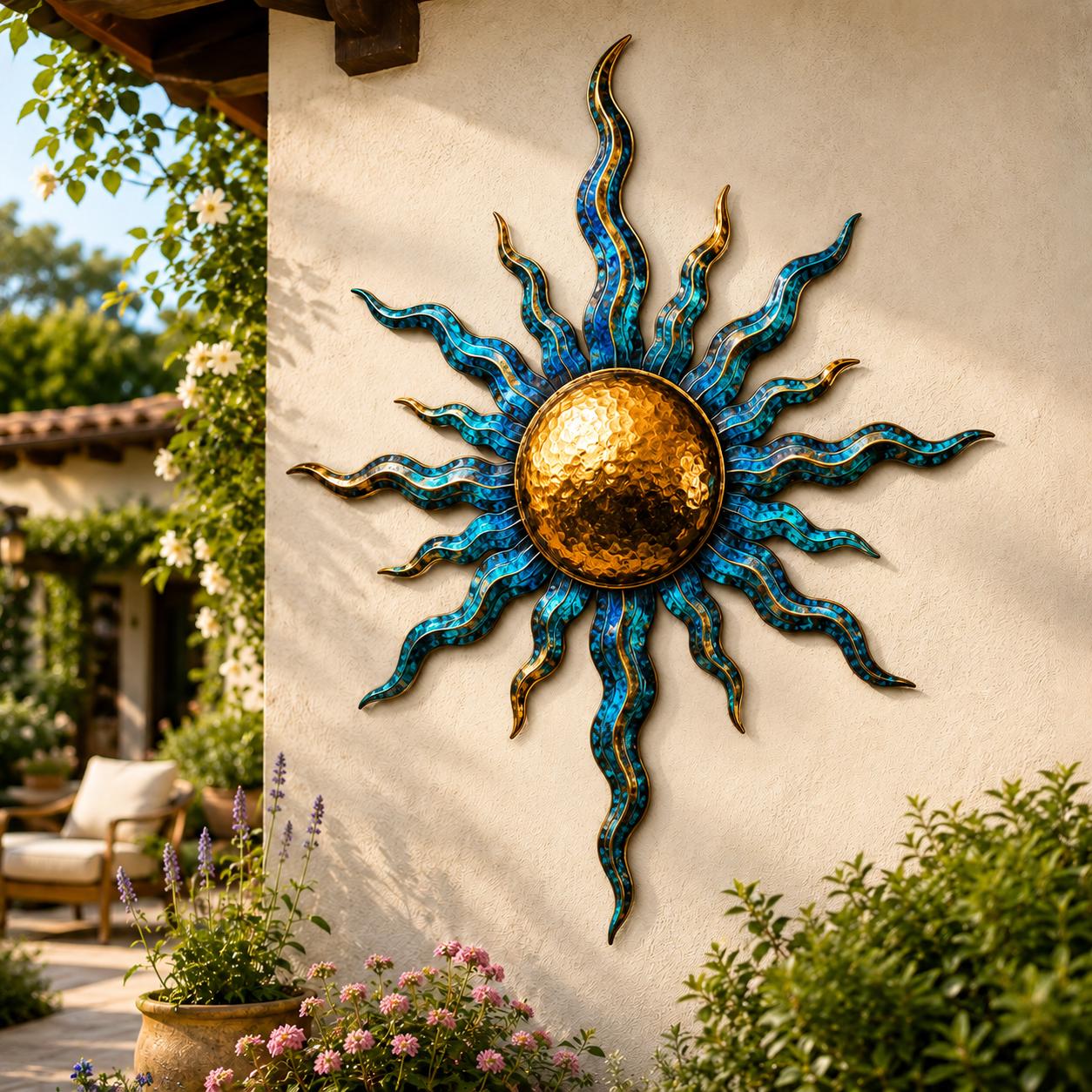 Blue Gold Sun Metal Wall Art - Coastal Luxury Home Decor