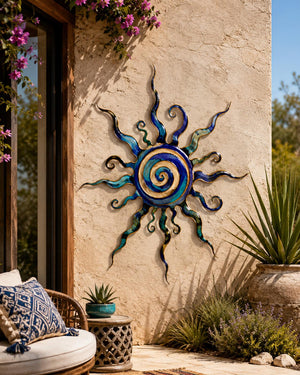 Blue and gold sun metal wall art with coastal ocean-inspired design printed on aluminum for luxury home decor