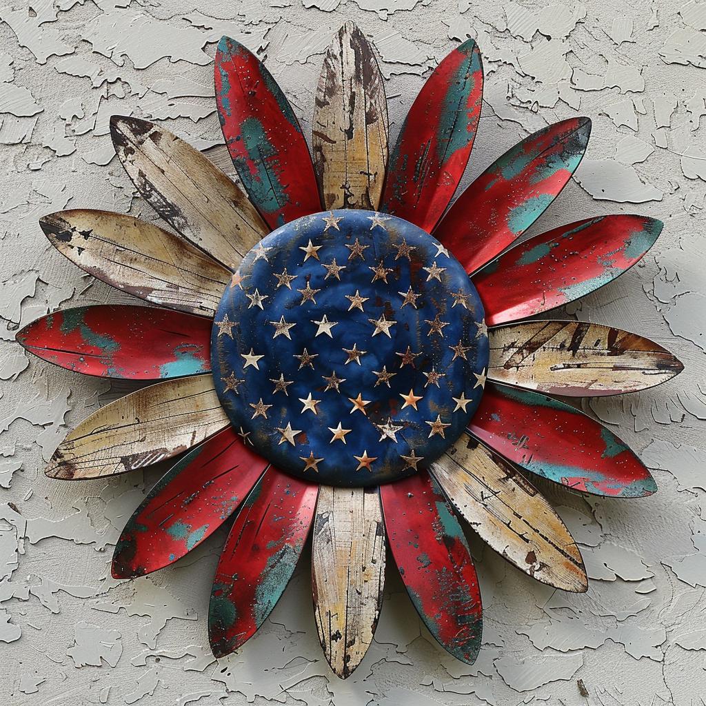 Patriotic Sunflower Metal Wall Art - American Flag Farmhouse