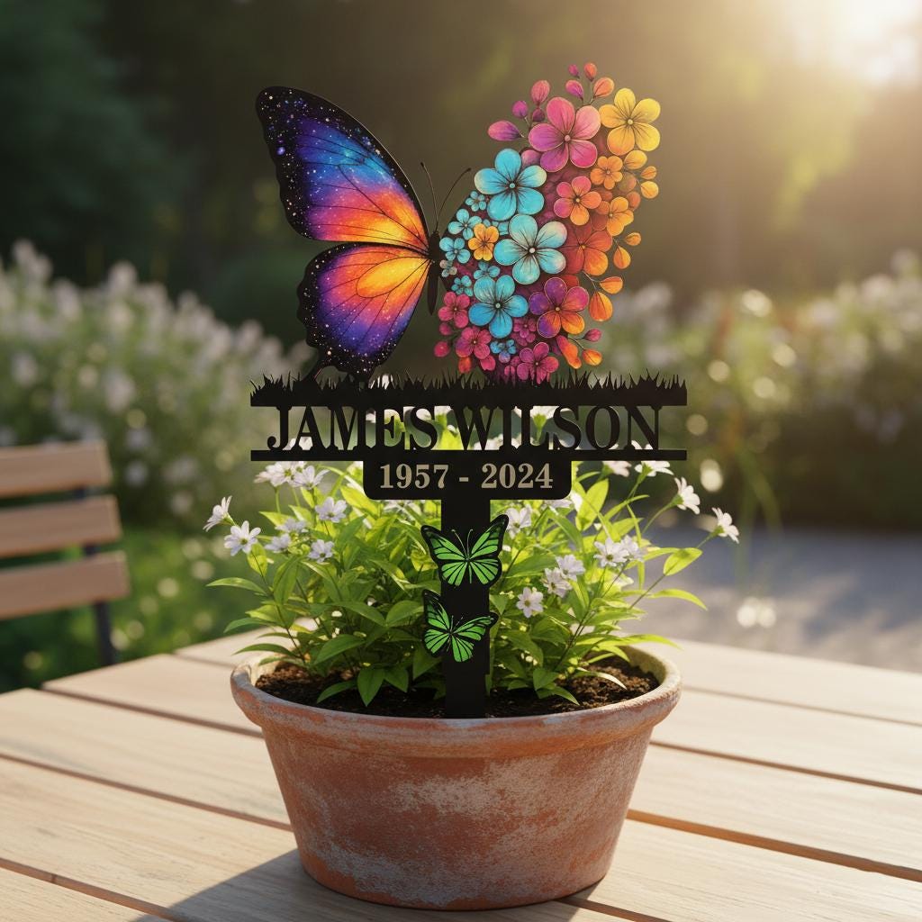 Personalized Butterfly Memorial Garden Sign, Custom Floral Metal Stake, In Loving Memory Plaque, Sympathy Gift for Loved One Outdoor Decor, Metal Sign