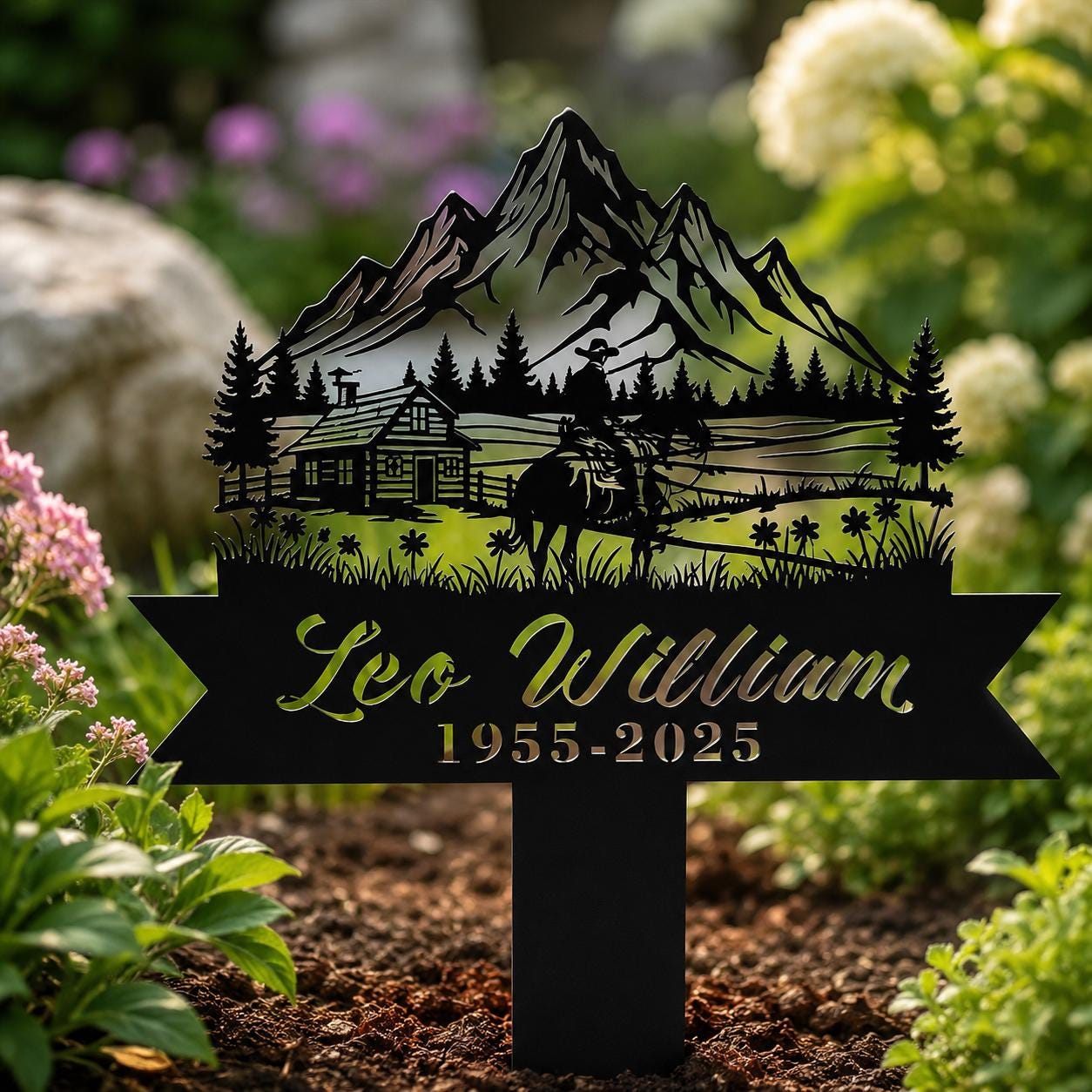 Personalized Memorial Garden Stake, Mountain Cabin Horse Metal Yard Sign, Custom Name Dates Sympathy Grave Marker, Outdoor Remembrance Gift,Metal Sign